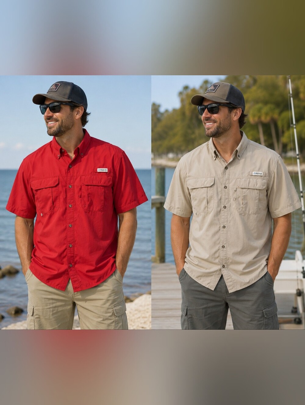 Magellan Mens Fish Gear Short Sleeve Shirts Size Large Button-Up Two Tan/Red Two